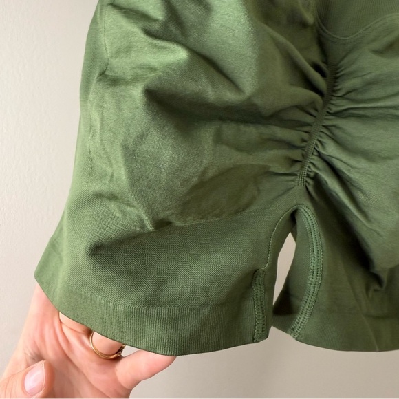 Like New Ribbed Olive Athletic Shorts with Cross Waist and Scrunch Lifting Butt - Picture 5 of 5